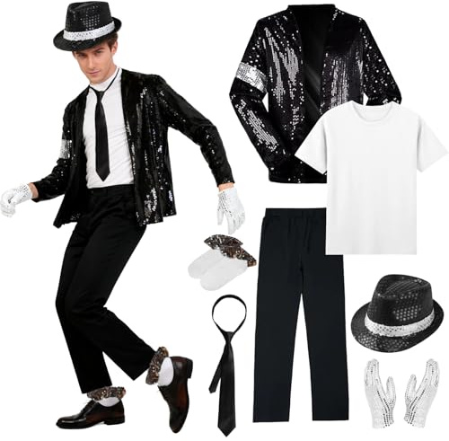 Costume de Roi de la Pop pour Adultes, Déguisement de Danseur des Années 80, Accessoire de Cosplay avec Costume Chic, Casquette à Paillettes Jazz, Veste, Haut, Pantalon, Gants, Chaussettes, Cravate