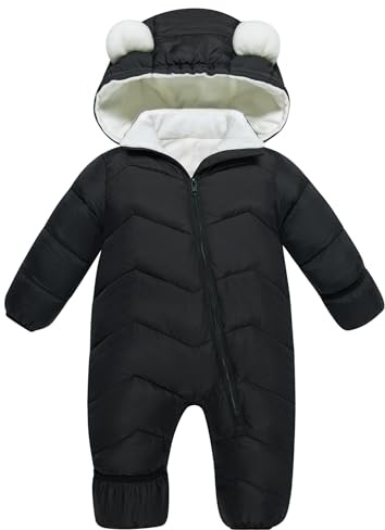 Funnycokid Baby Snowsuit for 12-18 Months Kids Black Puffer Jumpsuit Hooded Bodysuit Boys Girls Winter Coat Outwear Kids Snow Clothes