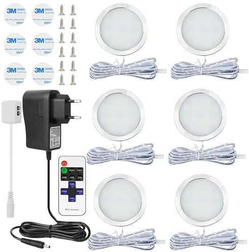 Iluminación LED de cocina bajo mueble 6 piezas, lámpara de armario blanco cálido 3000 K, 4000 K, 6000 K, iluminación de escaparate para cocina, armarios, armarios y vestidores
