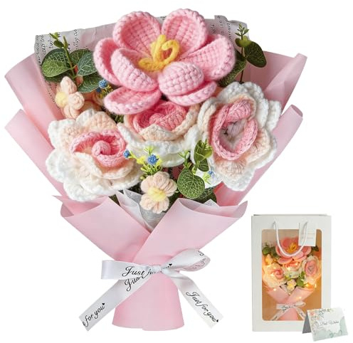 Bouquet di fiori all'uncinetto con luci, bouquet di fiori fatti a mano, rose finte e tulipani artificiali con sacchetto regalo, biglietto, regalo di fiori conservati per anniversario, laurea