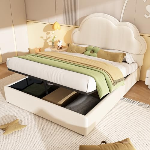 Upholstered Ottoman Bed with Hydraulic Storage, 4ft6 Double Bed Frame with Cloud-Shaped Headboard and Wooden Slat, Velvet Fabric Hydraulic Storage Bed for Adults Kids Teenagers, No Mattress, Beige