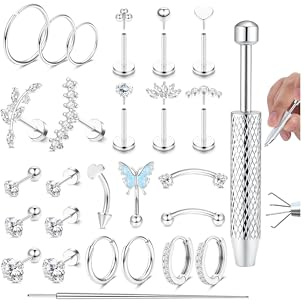 Adramata 27Pcs Tragus Helix Piercings Chirurgenstahl Nasenpiercing Labret 16G Lippenpiercing Hypoallergen Knorpel Conch Ohrringe Piercing Ohr Silber/Gold/Rosegold