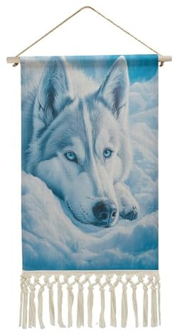 Jubonexis Arazzo da parete in lino, con cane husky che riposa nella neve, poster da parete vintage con nappa e asta in legno