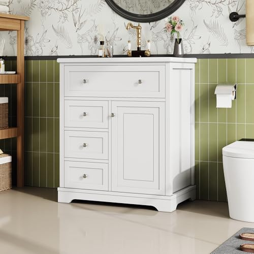 Handfat med underskåp 76 cm vit badrumsmöbler set stående keramiskt tvättställ med fällbart fack och dörrhylla softclose modernt tvättställ lackerat för badrum