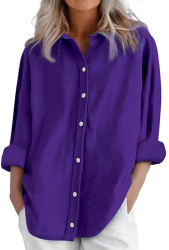 Camisas y blusas de lino para mujer, de manga larga, con botones, tallas grandes, básicas, para oficina, trabajo, Morado (, XXL