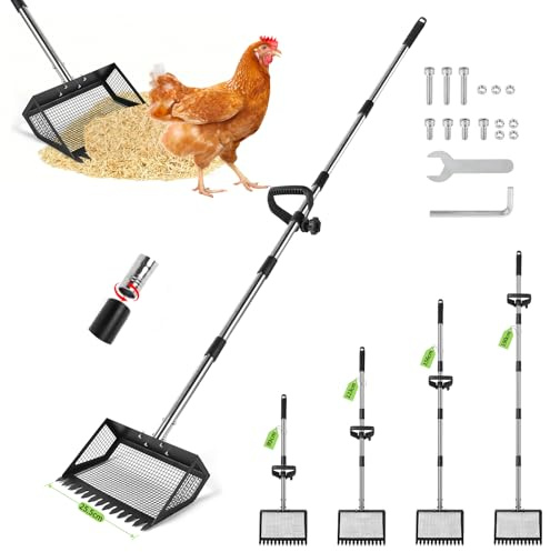 SUPAWAY Pala para gallinaza 25,5 cm Pala para gallinero de Mango Largo 4 en 1 Colador de Metal Ajustable con Mango ergonómico 89–190cm Herramienta de Limpieza para gallinero, Separa heces y Cama