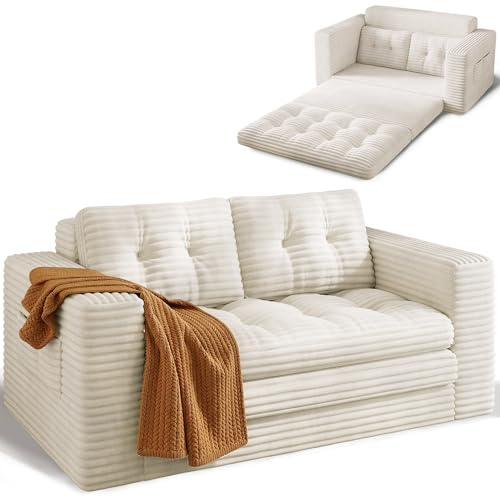 Xbro 2-sits bäddsoffa, 3-i-1 konvertibel sängfåtölj, komprimerad soffa för vardagsrum, manchestertyg, 150 x 86 x 75 cm, beige