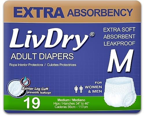 LivDry Adult Incontinence Underwear, Extra Absorbency Adult Diapers, Leak Protection, Medium, 19-Pack