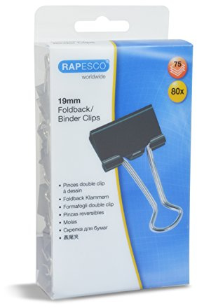 Rapesco 1429 19 mm Foldback Clips, Black, Pack of 80