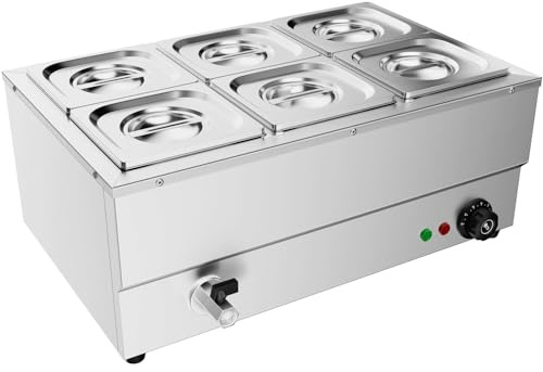 TAIMIKO Commercial Electric Food Warmer Stainless Steel Bain Marie Buffet Food Warmer Steam Table for Catering and Restaurants Wet Well Wet Heat 1500W (6x 1/6 GN Pans)