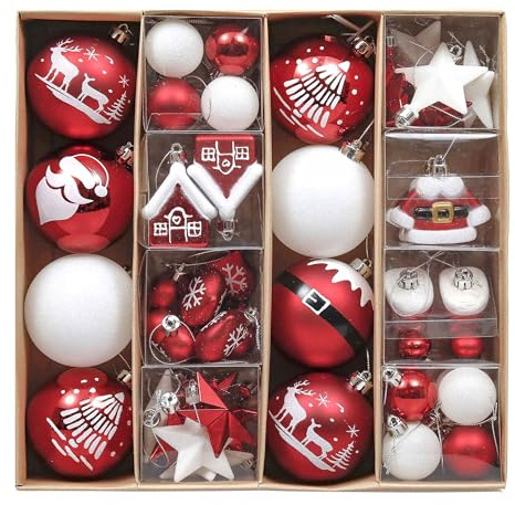 Valery Madelyn Weihnachtskugeln 50er Set Kunststoff Christbaumkugeln Christbaumschmuck zum Aufhängen Weihnahctsdeko bruchsicher Weihnachtsbaumschmuck Anhänger Traditionelles Thema Rot Weiß