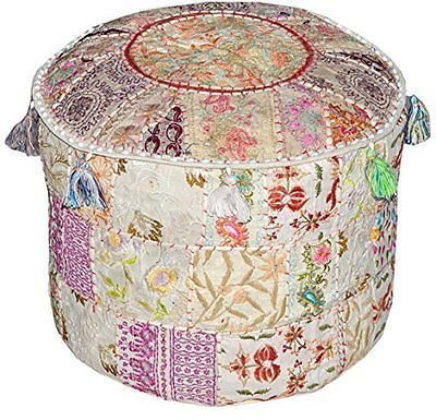 Radhykrishnafashions Vintage Embroidered Pouf Ottoman Footstool Cover Indian Round Ottoman Stool Pouf Pillow, Ethnic Embroidered Pouf Cover, Pouffe Ottoman Pouf Cover Pillow Ethnic Decor Art (White)