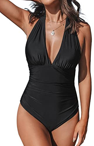 CUPSHE Damen Badeanzug V Ausschnitt Neckholder Bauchweg Monokini Rückenfrei Elegant Geraffte Bauchkontrolle Einteilige Bademode Swimsuit Schwarz M