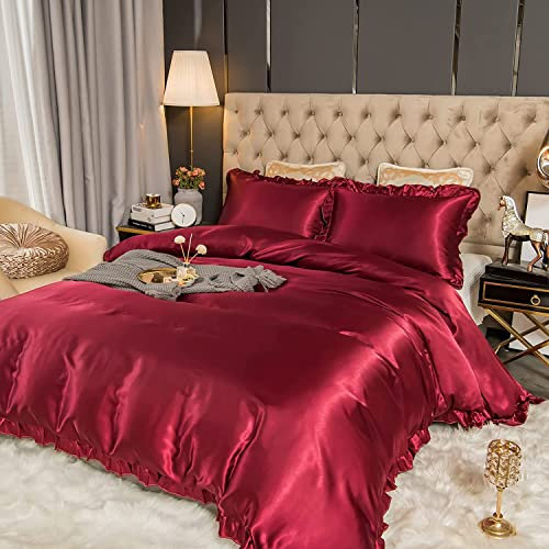 Sedefen Kühlender Kissenbezug 40x80cm 2er Set Rot Burgund Kopfkissenbezug mit Rüschen Seide Satin Glatt Glänzend Luxus Kissenbezug Set für Haar - und Hautpflege Kissenbezug mit Reißverschluss