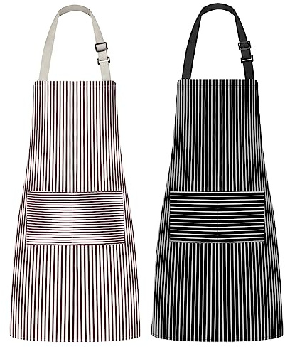 Syntus 2 Pack Kitchen Apron with 2 Pockets for Women, Stripe, Polyester