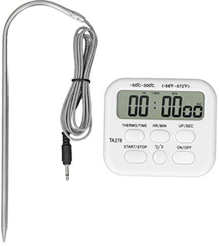 Termometro Digitale per Carne, Termometro da Cucina con Sonda Funzione di Allarme Termometro per Alimenti Timer da Cucina per Carne, Zucchero, Marmellata E Altro, Bianco