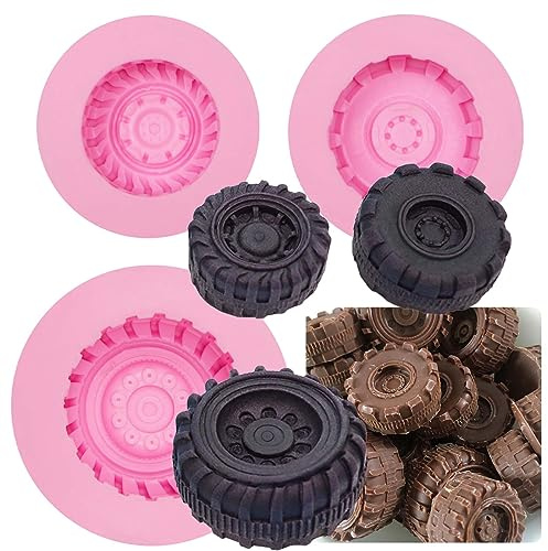 Tire Fondant Molds Silicone, 3D Large Round Tire Chocolate Molds for Monster Truck Wheel Cakepops Decoration Cupcake Toppers Candy Polymer Clay Soap Resin, Set of 3