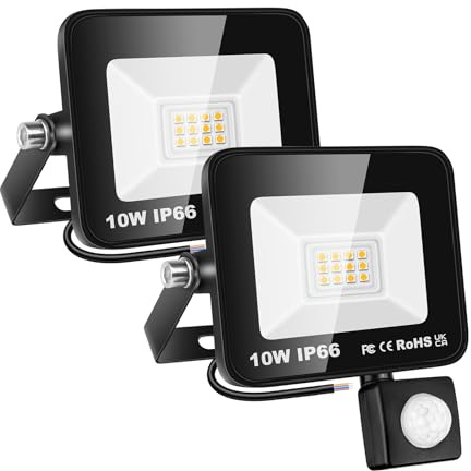Willpower 2PCS Faro LED Esterno con Sensore di Movimento 10W 1000LM Faretto LED Bianca Caldo 3500K Proiettore LED IP66 85V-265V Luce di Sicurezza per Giardino Cortile Garage Patio Corridoio