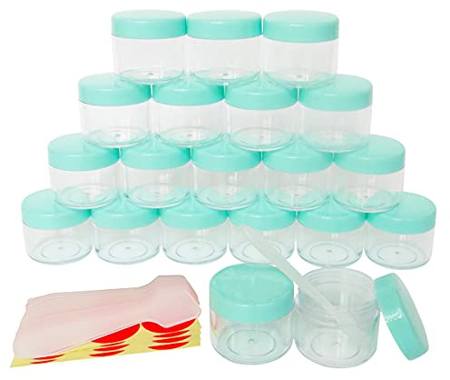 Wopanxye 20 st 20 ml rund kruka, 20 g små reseburkar, plastbehållare set med grönt lock för flytande krämer, prov, hemlagad gör-det-själv, läppglansbalsam, pigment, glimmerpulver, ögonskugga, glitter