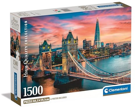 Puzzle London Twilight 1500 Pièces 59,2x84,3 cm Poster Inclus Dès 18 Ans | Vue nocturne et lumineuse de la capitale britannique à assembler | matériaux recyclés | idée cadeau amateur de détente