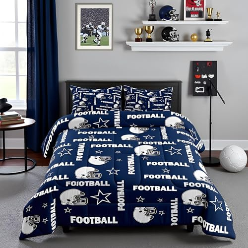 American Football Bedding Set Twin Size for Kids Boys,Navy Blue Grey Helmet Stars Print Comforter Set Teens Room Decor,Cowboys Men Football Sports Quilt Set Vintage Style Duvet Insert 2Pcs