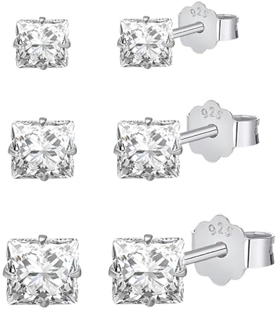 HinDaLi 3 Paia Orecchini Quadrati Argento 925 per Donna Uomo Bambina Piccoli Orecchini Donna Argento Quadrati Diamante Orecchino a Bottone Uomo Zirconi
