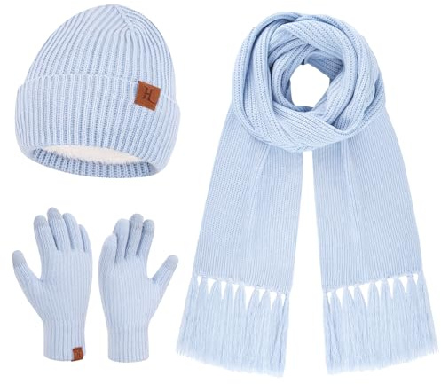 Bequemer Laden Femmes Hiver Chaud Bonnet Écharpe Longue Gants Tactiles Ensemble Tricot Chapeau Cadeaux pour Femmes Temps Froid avec Doublure Polaire