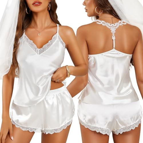 RSLOVE Dampyjamas satin pyjamas – sexigt pyjamas-set kvinnor nattkläder tvådelad v-ringad ärmlös