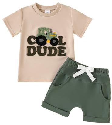 LUVCES Conjuntos Ropa para Bebé Niño Pequeño, Camiseta Divertida con Bordado de Letras Top y Cintura Elástica Pantalones Cortos 2 Piezas Primavera y Verano Trajes Albaricoque COOL DUDE 12-18 Meses