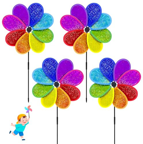 Lets Joy Molinillo de Viento Jardin, 4 Piezas Arcoíris Molinillo de Viento, Molino Viento Niños, Molinillo de Viento Colores, Molino de Viento Reflectante, Molino de Viento Decorativo