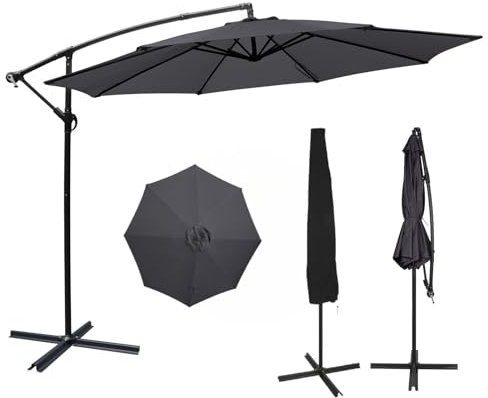 YU YUSING Parasol Déporté Inclinable 3x3M avec Manivelle et Housse, Anti-UV UPF50+, Grand Parasol de Jardin Balcon Terrasse Extérieur, Imperméable, 8 Armatures Ultra-Résistantes, Base Croisée, Gris