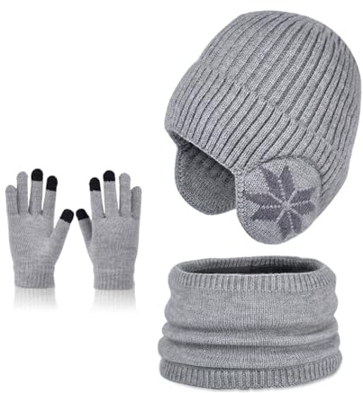 Kids Hat Scarf Gloves Set – 3-in-1 Winter Knitted Hat Scarf and Gloves Set for Kids with Pom Pom Beanie, Neck Warmer & Mittens for Boys Girls Aged 3–10(grey, One Size)