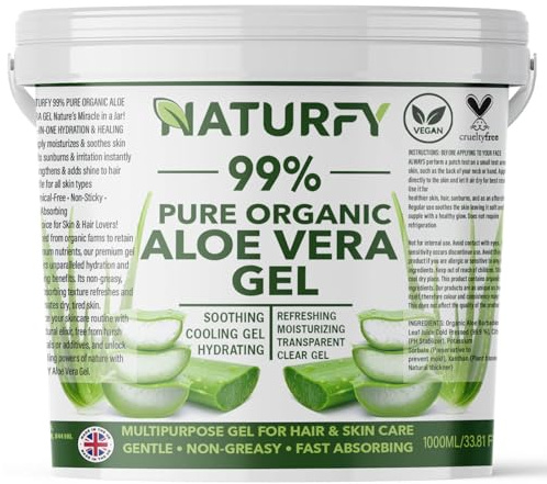 NATURFY Pure & Organic Aloe Vera Gel 1kg for Skin, Body, Face & Hair | Non-Sticky, Fast Absorbing Formula for Soothing, Refreshing & Healthy Looking Skin Moisturiser for After Sun Care