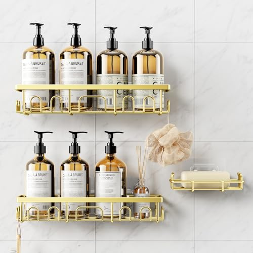 Deyhoc 3 Piezas Acero Inoxidable Organizador Estanteria Baño Sin Tornillos, Organizador Ducha sin Taladro, Accesorios Baño con Jabonera, Estanteria Ducha, Dorado