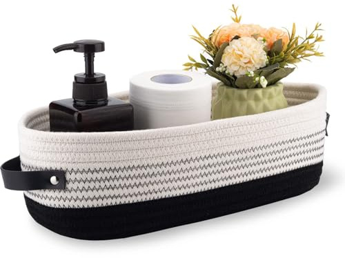 Dermalyx Cesta de Hilo de Algodón Baño Decoración Cestas Papel Higiénico Soporte Cestas Estilo Casa Rural Organizar Cestas Pequeñas Negro 33 x 15 x 10 cm