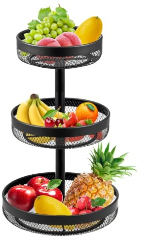 Afeeler 3 Tier Fruit Bowl, Detachable Metal Fruit Basket for Countertop | Serving Fruit Stand for Kitchen Table, Tiered Storage Rack for Vegetable Snacks Breads, Black