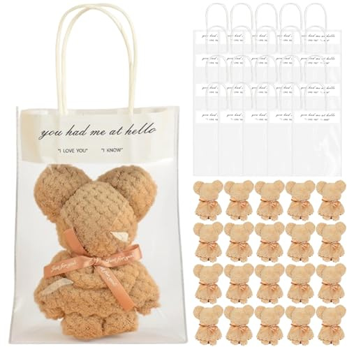Juego de 20 regalos para baby shower, 12.0 x 12.0 in, suaves y bonitas toallas de oso con bolsa exquisita para bodas, San Valentín, suministros para fiestas de cumpleaños, color marrón claro