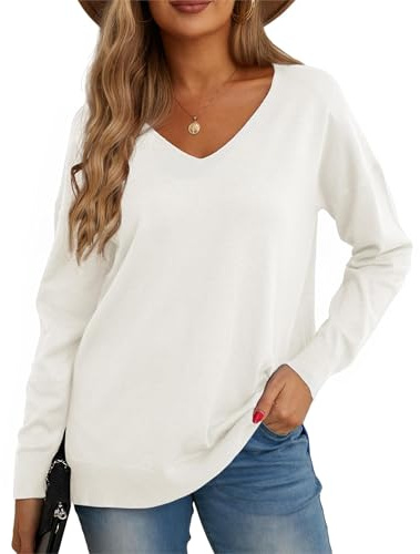 GRECERELLE Women's Casual Jumpers Sweatshirt Ladies Classic Plain Pullover Knit V Neck Long Sleeve Jumper Tops Blouse T-Shirt for Winter Fall Spring (White, M)
