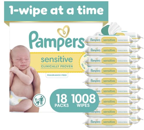 Pampers Sensitive Baby Wipes, Water Based, Hypoallergenic and Unscented, 18 Flip-Top Packs (1008 Wipes Total) [Packaging May Vary]