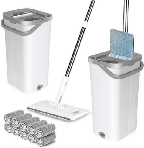 Masthome Mocio Lavapavimenti e Secchio Strizzatore, Mocio Piatto con 5 Panni in Microfibra, Manico Inox, Set Mocio e Secchio Lavapavimenti Doppia Vasca per Tutti i Pavimenti (Bianco)