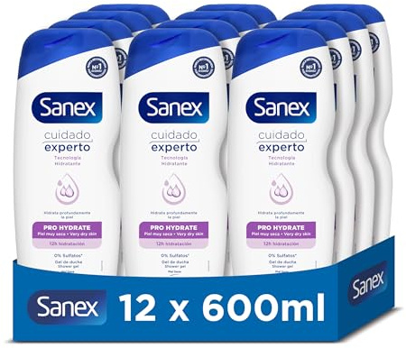 Sanex Expertvård Pro Hydrate duschgel, 12 st x 600 ml, badgel för mycket torr hud, rengör försiktigt, återfuktar och mjukar upp huden, prebiotisk och postbiotisk komplex, 12 tim