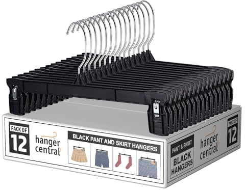 Hanger Central 12 Pack Pants Hangers – 12 Inch Slim Plastic Clothes Hangers with Clips for Skirts, Pants, Shorts – Space Saving Heavy Duty Closet Organizer with Non Slip Grip & Swivel Hook – Black