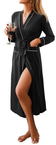 Ekouaer Women Kimono Robes Full Length Knit Bathrobe Lightweight Soft Sleepwear V-neck Casual Ladies Loungewear Black Medium