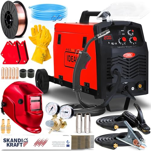 Ideal Praktik MIG 200 - Maquina de soldar de hilo sin gas y con gas de 200A con chasis - Soldadura: MIG MAG, Flux, MMA - Soldador estaño incluye inductividad - Set Premium
