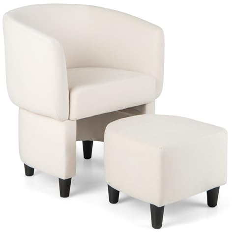 COSTWAY Velvet Tub Chair with Footstool, Upholstered Club Chair Accent Armchair, Modern Space-Saving Comfy Barrel Chair Sofa Lounge Seat Reading Armchair for Living Room, Bedroom, Reception (Beige)