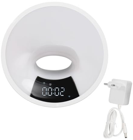 GOWENIC Intelligenter Sonnenaufgangswecker, Wecklichtuhr mit 7 Farben, APP-Sprachsteuerung, Sonnenaufgangs- und Sonnenuntergangssimulation, 12/24-Stunden-WLAN-BT-Lautsprecher (EU-Stecker)