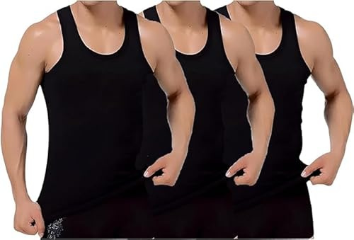 3PK Mens Sleeveless Vests 100% Cotton Gym Top Summer Training Gym Bodybuilding Tank Tops Basic Plain Colour Casual Undershirt (XL Black)