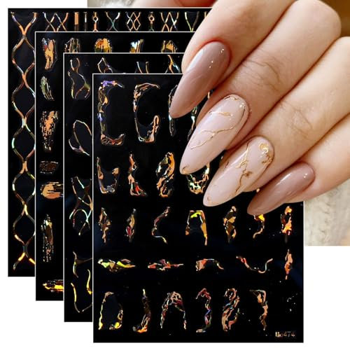 JMEOWIO Nagelsticker Marble Line Gold 9 Blatt Nail Art Sticker Selbstklebend Nagelaufkleber Dekoration Nageldesign Zubehör