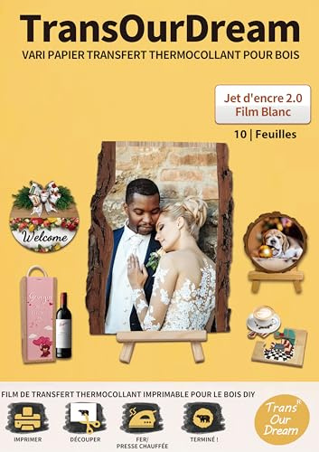 TransOurDream 10 Feuilles * A4 Papier Transfert pour Bois 2.0- Film Blanc, Photo ou Image thermocollants, Imprimable, Imprimantes Jet d'encre, DIY, Cadeau personnalisé fête, FR-Bois-2.0