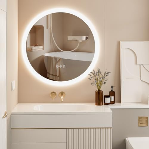 ChillCruiser Espejo de baño redondo LED de 800 mm con interruptor táctil, luces retroiluminadas regulables, antivaho, 3 modos de color, espejo de tocador con función de memoria